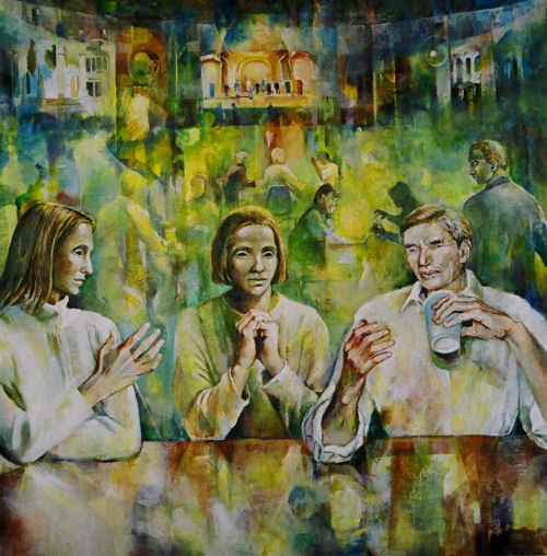 The Players, large imaginative figurative painting, by Dor Duncan, from a series inspired by theatre and cafes